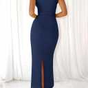 BTFBM Women 2025 Summer One Shoulder Bodycon Ruched Maxi Dress Slit Mesh Long Formal Cocktail Fall Wedding Guest Dresses (Blue, L)