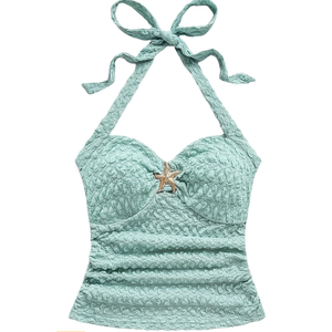 SOLY HUX Women's V Neck Halter Tops Open Back Y2k Ruched Floral Metal Summer Going Out Cami Tops S