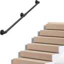 Industrial Pipe Stair Handrail, Wall-Mounted Metal Hand Rail for Indoor & Outdoor Steps, Black Galvanized Iron, Vintage Farmhouse Style, Heavy Duty Support for Stairs & Porch (Black, 5ft)