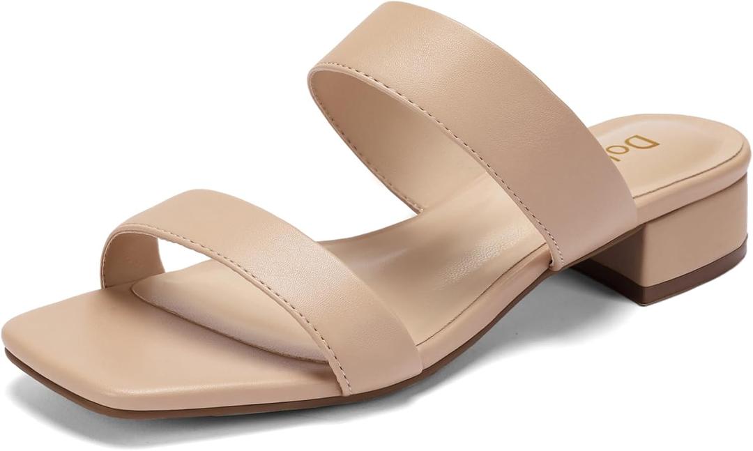 Women's Heeled Sandals Two Strap Square Open Toe Sandals 1.4-Inch Comfortable Heels Slip-On Dress Shoes Wide Feet Friendly, 10W