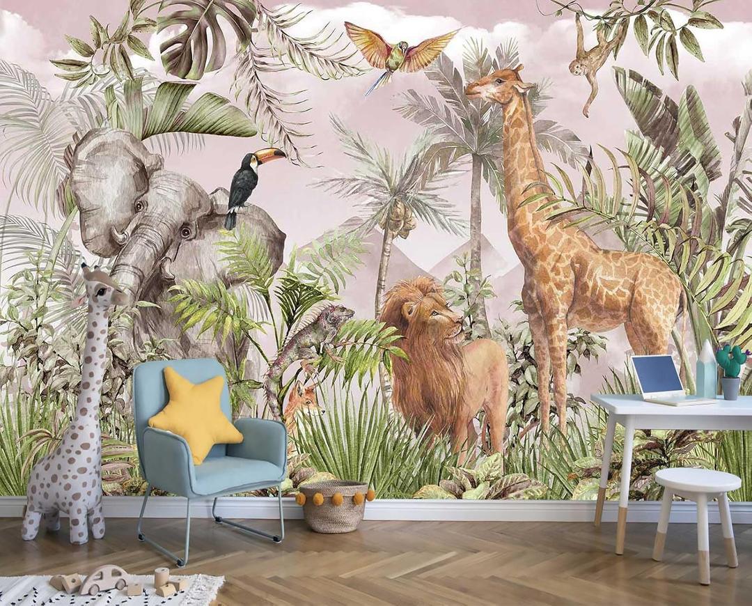Watercolor Paintings Tropical Jungle Animals Safari Elephants Giraffes Lions Parrots Palm Leaves Hand-Painted Art Wallpaper Suitable for Children's Room Decoration MuralNot Peel and Stick (151" x 105", 64)