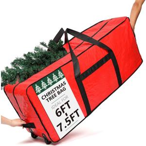 HOMEST Christmas Tree Storage Bag, Fits for 6/7.5 ft Xmas Artificials, Zippered Bag with Reinforced Carrying Handles and Wheels, Red (Bag Only)