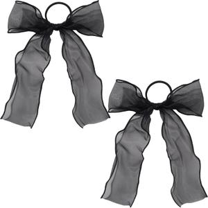2Pcs Large Bow Hair Ties, Black Organza Ribbon Bow Hair Scrunchies for Women, Elegant Long Tail Bowknot Ponytail Holder French Hair Accessories for Wedding, Parties, Festivals