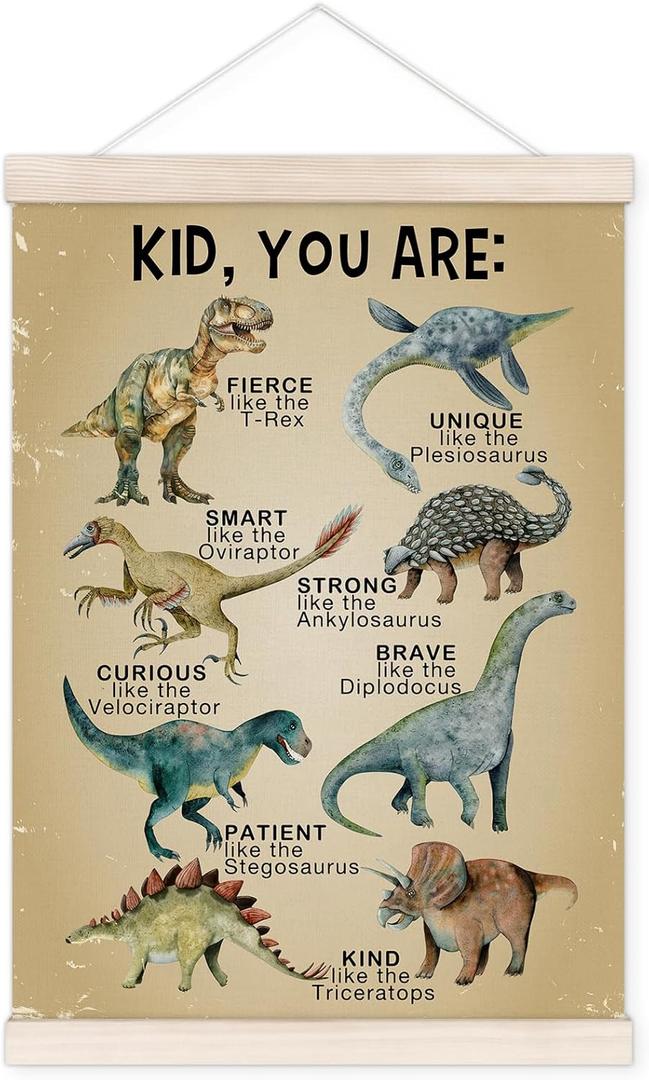 TWRVI Dinosaur Inspirational Poster Hanger with Wood Frame, You Are Positive Affirmations Wall Art Decor for Kids, Motivational Posters for Kids Boys Nursery Room Bedroom Playroom Decor, 12x16 Inch