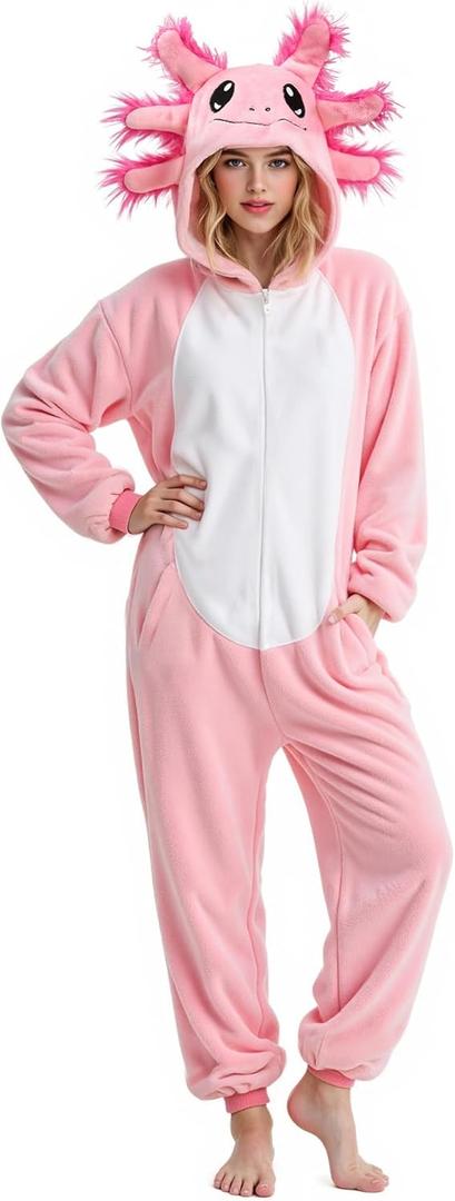 Axolotl Costume Adult Women Animal Onesie Pajamas Halloween Party Dress Up (Medium)