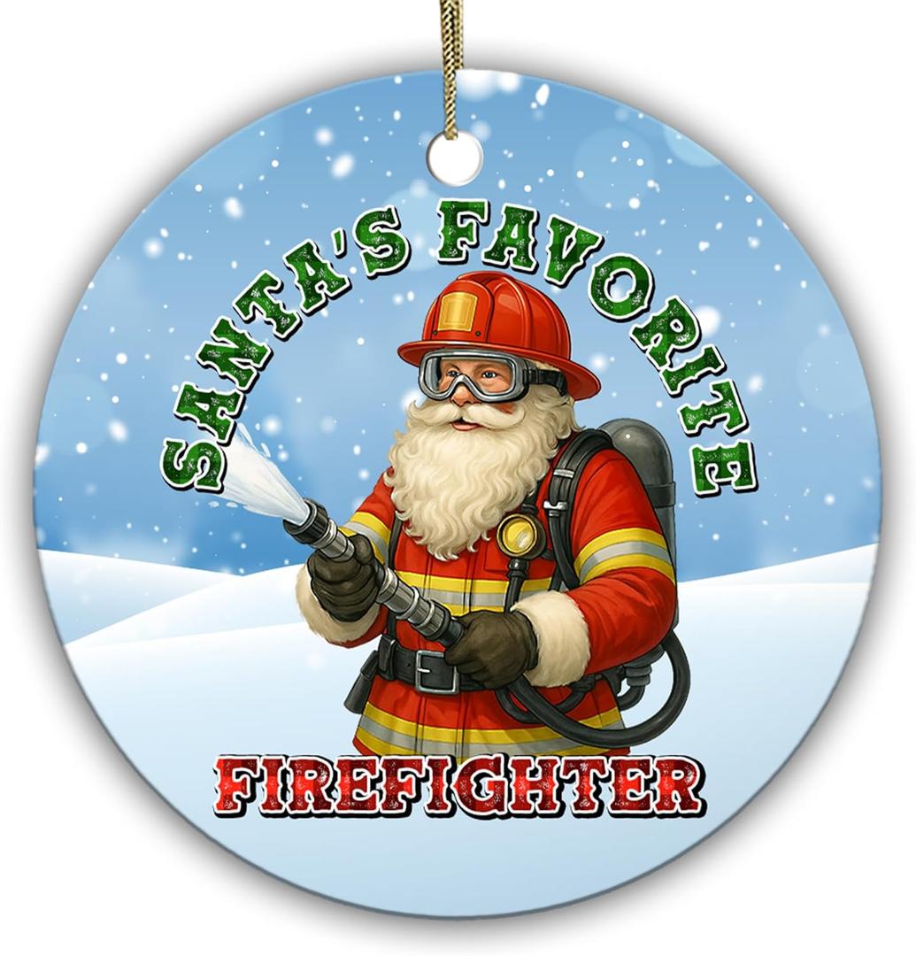 4 x Santas Favorite Firefighter Ornament Funny for Firefighters, First Responders Holiday Keepsake 2.9" Ceramic Ornament