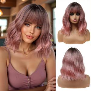 Esmee 14 Inches Short Pink Wigs with Fringe for Women Natural Synthetic Hair Ombre Wig with Dark Roots Loose Wavy Wigs for Cosplay Daily Party Wear