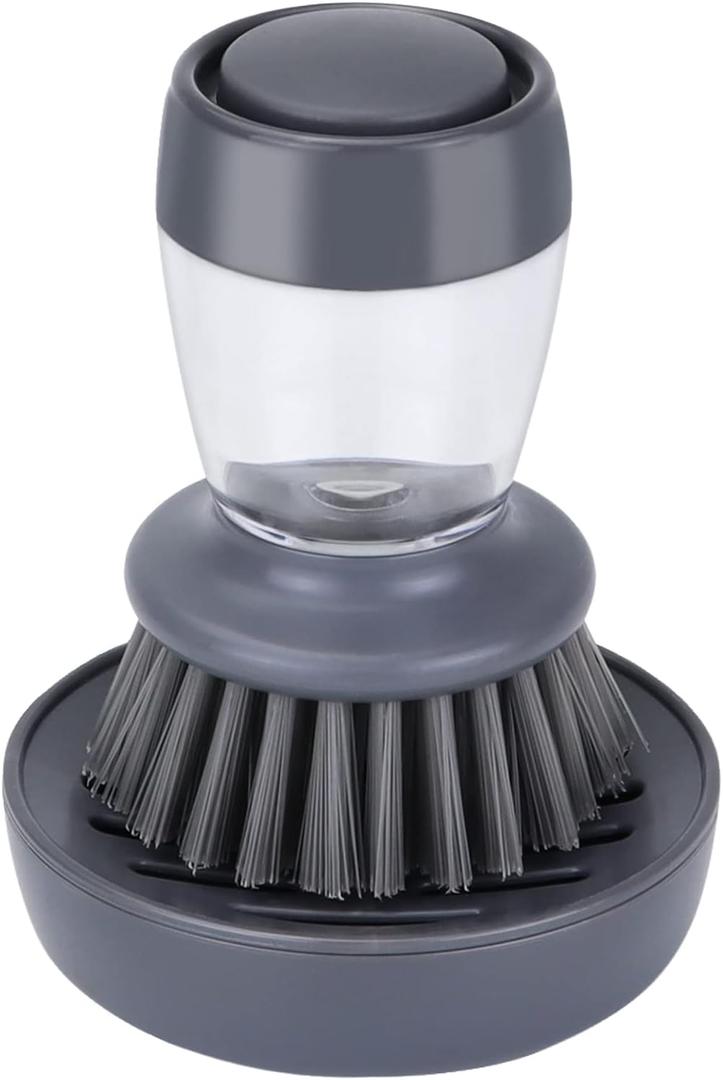 Dish Brush with Soap Dispenser, Kitchen Scrub Brush for Dishes Pots Pans Sink Cleaning, Dish Scrubber with Holder Set (Grey Handle & Nylon Bristles)