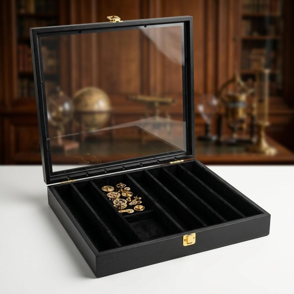 Glass Top Hinged Display Gifts Military Coin Jewelry Box Felt Lined Black