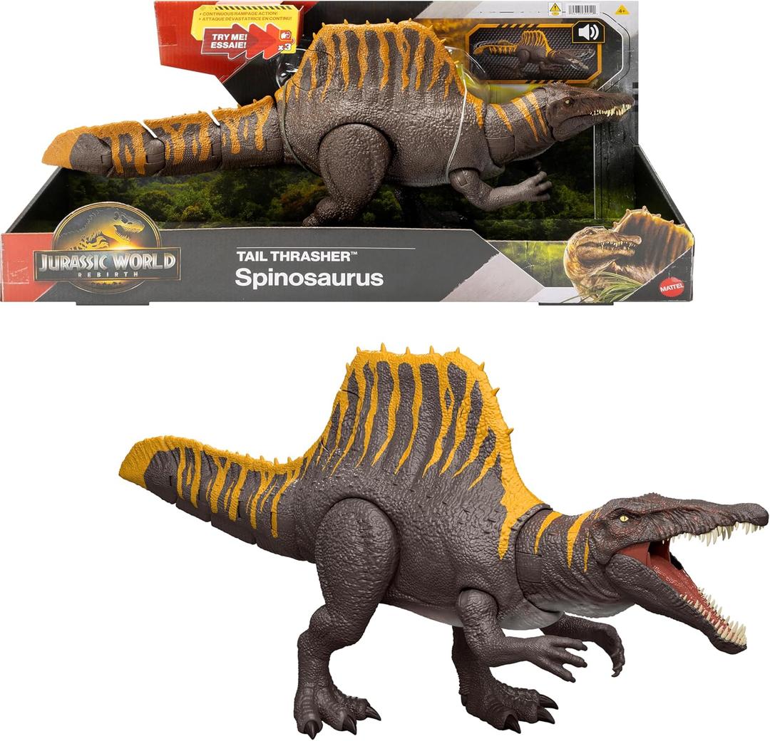 Mattel Jurassic World Rebirth Dinosaur Toy, Tail Thrasher Spinosaurus Action Figure with 2 Attack Moves, Movie-Accurate & Posable, Digital Play (Multicolor)