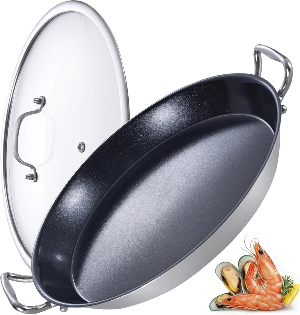 LOLYKITCH Nonstick Paella Pan with Lid, 14 Inch Tri-ply Stainless Steel Skillet, Large Oven Safe Cookware for Family of 5-8, Rust Proof & Warp Resistant, Induction Compatible
