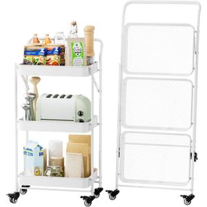JAQ Foldable Rolling Cart, 3-Tier No Assembly Metal Utility Cart with Handle, Heavy Duty Folding Storage Trolley Organizer on Wheels for Kitchen, Office, Craft Art, Baby Diaper, Snacks, Books, White