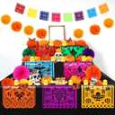 Newwiee 82 Pcs Day of the Dead Altar Kit Flameless LED Candle Paper Marigold Flower Fan Monarch Butterfly Papel Picado Banner Disposable Tablecloth for Dia De Los Muertos Altar Diwali(Cute Color)