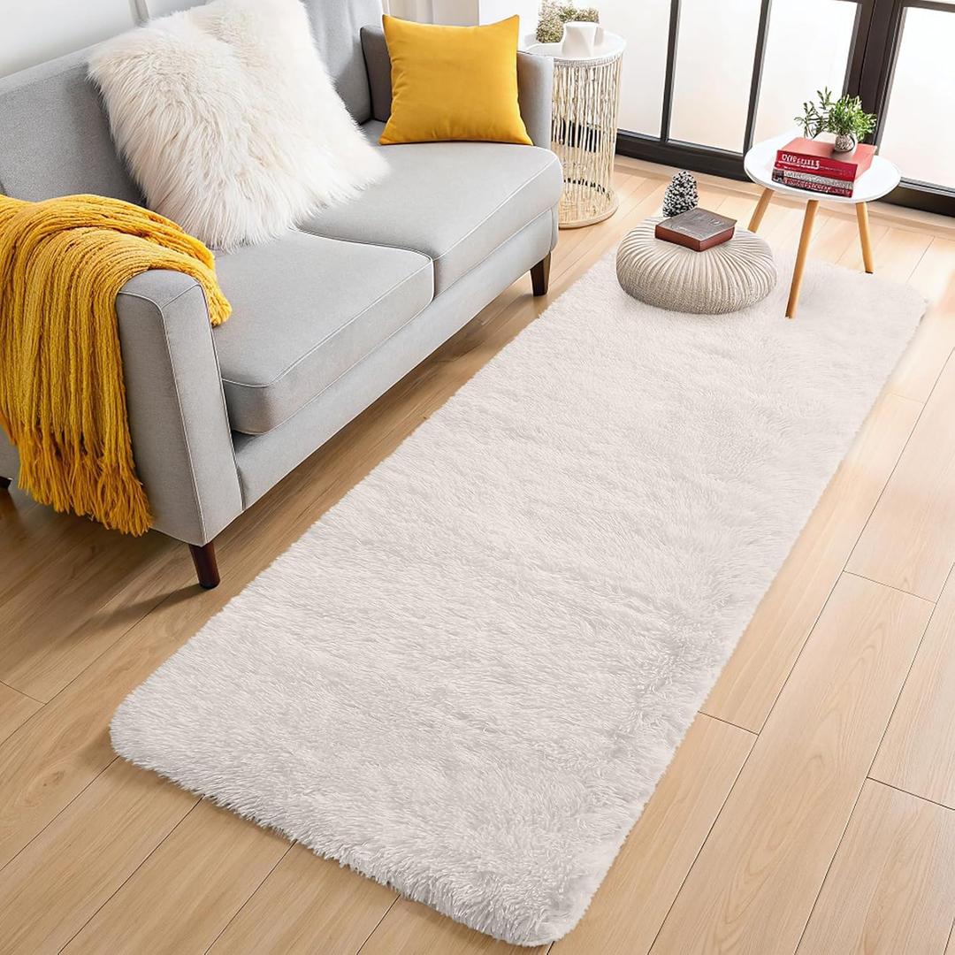 OLANLY 3x7 Machine Washable Runner Rugs for Hallway, Soft Fluffy Shaggy Bedside Rugs for Bedroom, Living Room, Indoor Floor Carpet for Kids Girls and Boys, Nursery Rooms, Home Decor Aesthetic, Ivory