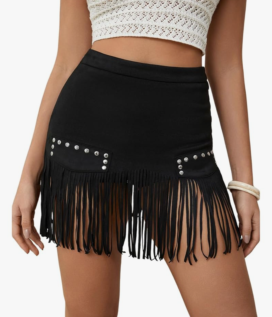 MakeMeChic Women's Faux Suede Fringe Hem Mini Skirt Studded Tassell Bodycon Short Skirts, No Size Mark