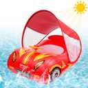 Race Car Baby Pool Float with Retractable Canopy - Inflatable 3D Racing Car Swim Float Thick PVC Baby Floatie with Steering Wheel Horn Summer Water Fun for Kids Age 1-4