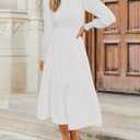 ZESICA Women's Casual Long Sleeve Crew Neck High Waist Smocked Flowy Tiered Midi Dress (White, M)
