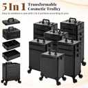 AROUS 5 in 1 Rolling Makeup Train Case Cosmetology Case on Wheels Large Cosmetic Organizer Travel Cart for Hairstylist Artist Nail Beauty Salon Barber, Black (EXP 11/28/35)
