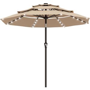 AreShark 9ft 3 Tiers Patio Umbrella with Solar Lights, Outdoor Umbrella w/ 32 LED Lights&8 Sturdy Ribs, Table Umbrella for Deck, Backyard, Pool (Beige)