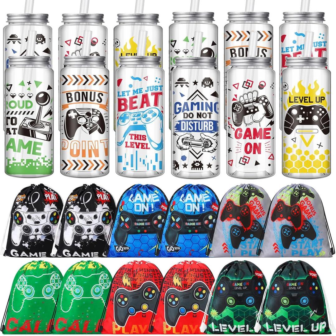 24 Pcs Video Game Party Favors, 12 Pcs Video Game Plastic Cups with Lids and Straws,12 Pcs Gamer Party Drawstring Bags, Reusable Cups Plastic Tumbler Gaming Goodie Bag for Birthdays Supplies