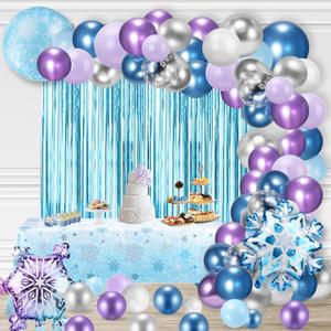 Kids Birthday Party Decorations Party Supplies 82 PCS Include 5*3 ft Backdrop Snowflake Balloon Garland Arch Kit, Character Foil Balloon and Happy Birthday Banner for Kids Party