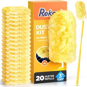 Heavy Duty Duster Refill Kit for Swiffer Duster with 3 ft Extension Pole & 20 Count Refills, 4X Microfibers Multisurface Dusters for Cleaning Home, Celling Fan, Blinds, Vent & Shelves