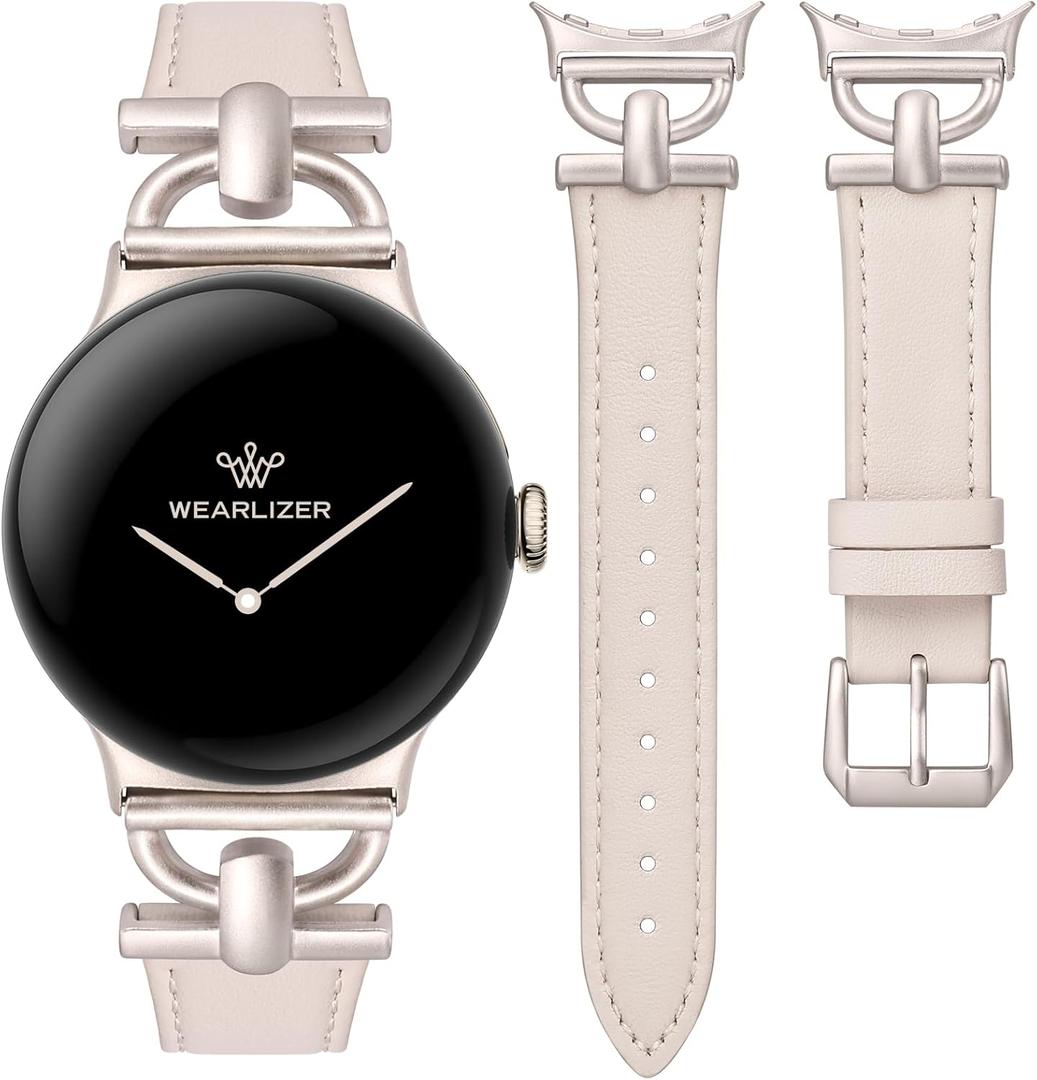 Wearlizer Leather Bands Compatible with Google Pixel Watch 4/3 41mm/Pixel Watch 2/1 Band Women, Dressy Designer Slim Leather Strap with D-Shape Metal Buckle for Pixel Smartwatch Accessories (Starlight/Starlight)