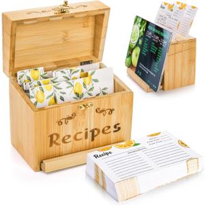 Youeon Bamboo Recipe Box with Cards and Dividers and Pull out Phone Holder, 7 x 4.2 x 5.8 in Kitchen Recipe Card Organizer with 100 Recipe Cards 4"x6", Rustic Recipe Holder, Kitchen Gift