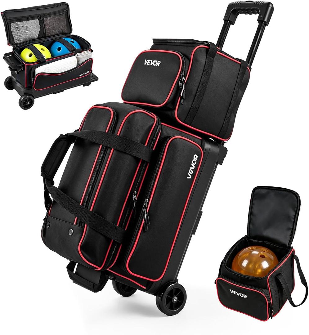 VEVOR 3 Ball Bowling Bag Double Roller Bag with Separate Shoe Compartment, 22.44" x 10.43" x 16.14",9.84" x 9.45" x 8.66"