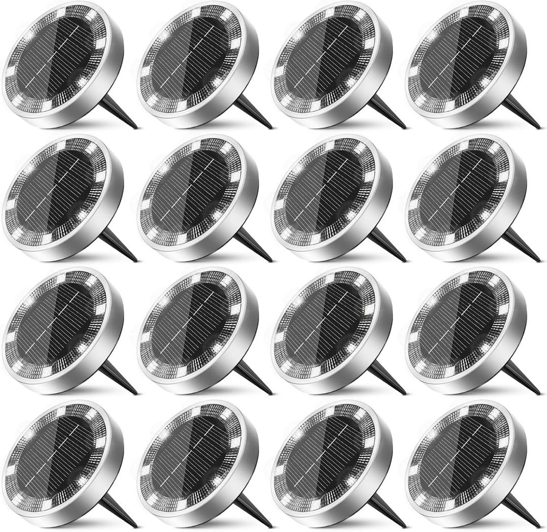 16 Pack Solar Ground Lights Outdoor, 8 LED Mini Flat Solar Disk Lights, IP65 Waterproof Anti-Rust Disc Light, Landscape Lighting for Garden Pathway Yard Walkway Driveway Lawn,Cool White