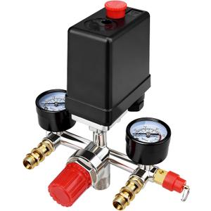 90-120 PSI Air Compressor Pressure Control Switch Valve With 0-180 PSI Pressure gauge and Manifold Regulator (Vertical Switch)