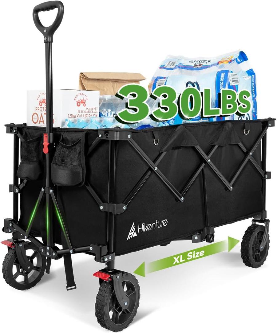 Hikenture 330lbs Collapsible Wagon Cart, Ultra-Large Wagons Carts Foldable Heavy Duty, Utility All Terrain Folding Wagon with Wheels for Groceries, Garden, Sports, Beach, Shopping, Black