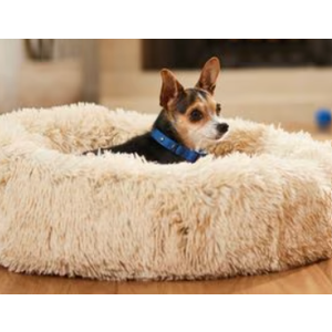 JOLLYVOGUE Calming Dog Bed for Small Dogs 23 inches Donut Washable Small Dog Bed for Kittens & Puppies, Anti Slip Round Fluffy Plush Faux Fur Cat Beds (Fits up to 25 lbs Pets, Off White)