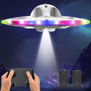 Foam UFO Drone for Kids RC Plane with Colorful LED Lights, Remote Control Helicopter with Auto Hover, 2 Batteries (15 Mins Flight)