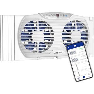 Lasko W09560 Bluetooth Enabled Twin 9-Inch Window Fan with Independent Electrically Reversible Intake & Exhaust Motors with Thermostat and Timer for Bedroom Indoor Home Use, White