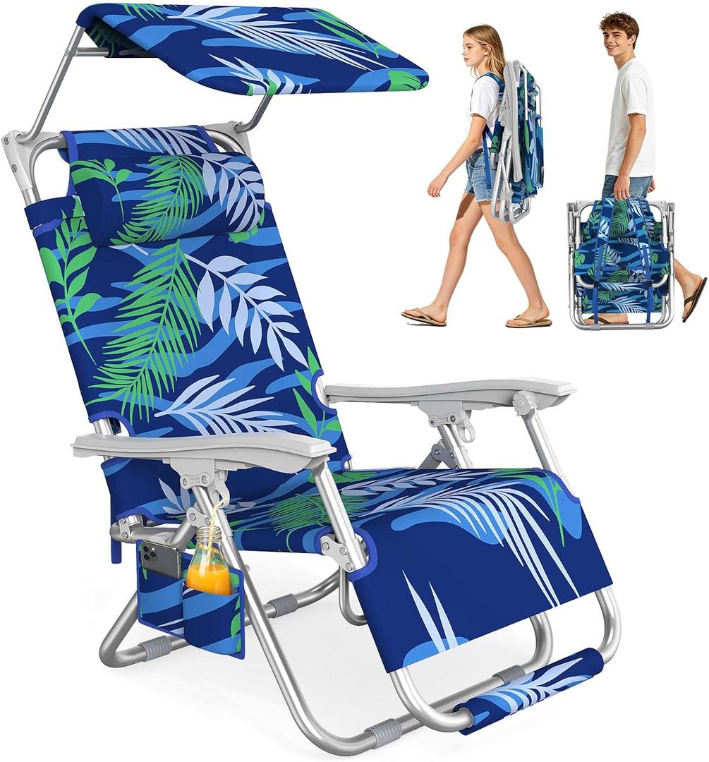 Suteck Zero Gravity Backpack Beach Chair with Canopy for Adults | 170 Lockable Adjustment, Adjustable Canopy, Footrest, Shoulder Straps, Foldable&Portable, 600D Oxford, Side pockets