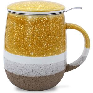13.5oz Tea Mug with Infuser and Lid, Loose Leaf Tea Cup with Strainer, Porcelain Steeping Teacup, Yellow Infuser Mug for Birthday, Christmas, Thanksgiving, Housewarming Gift