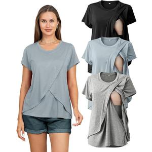 Rnxrbb Summer Maternity Nursing Shirts for Breastfeeding Tops Short Sleeve Postpartum Sets Clothes 3 Pack for Women,Black&Light Gray&Gray Blue XS