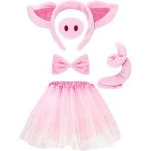 Pig Costume Set Pig Ears Nose Tail Bow Tie Tutu Skirt Animal Fancy Costume Kit Accessories for Kids (19.7 Inch)