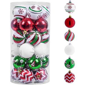Valery Madelyn Christmas Ornaments Tree Decorations, 30ct Red Green White Shatterproof Christmas Ball Ornaments Set, 2 Inch Decorative Hanging Ornament Bulk for Xmas Holiday Party Decor