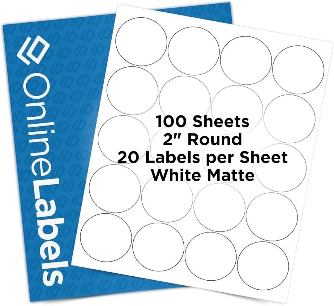 OnlineLabels 2" Round Labels Permanent Adhesive, White Matte for Jar Lids, Product Packaging, & Favors for Inkjet & Laser Printers Pack of 2,000 Labels, 100 Sheets OL5375WX