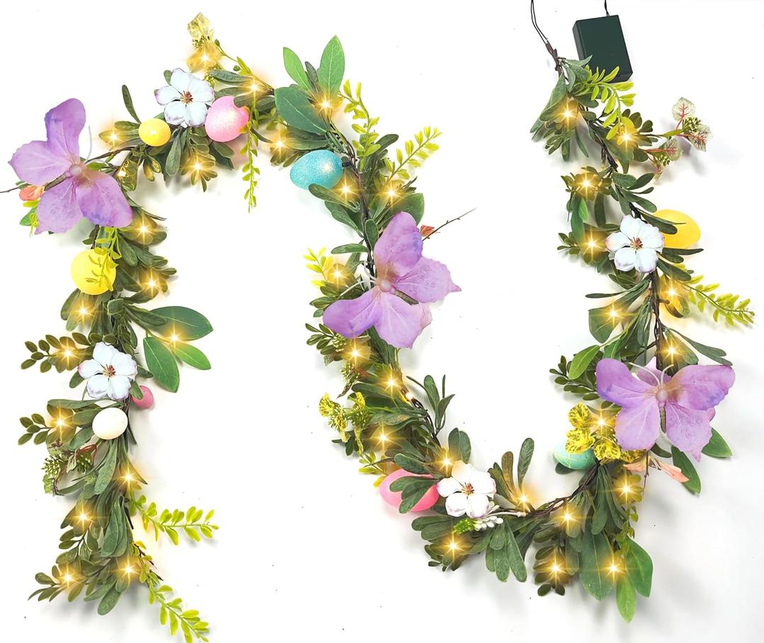 6FT Easter Garland for Mantle, Lighted Egg Garland with Butterfly Flower, Faux Greenery Spring with Timer for Summer Fireplace Outdoor Decorations