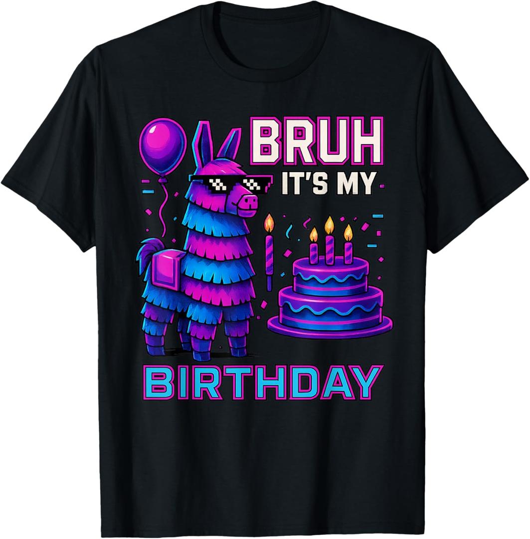 Bruh Its My Birthday Funny Llama Pinata Bday boy Kids Party T-Shirt, Black, Small