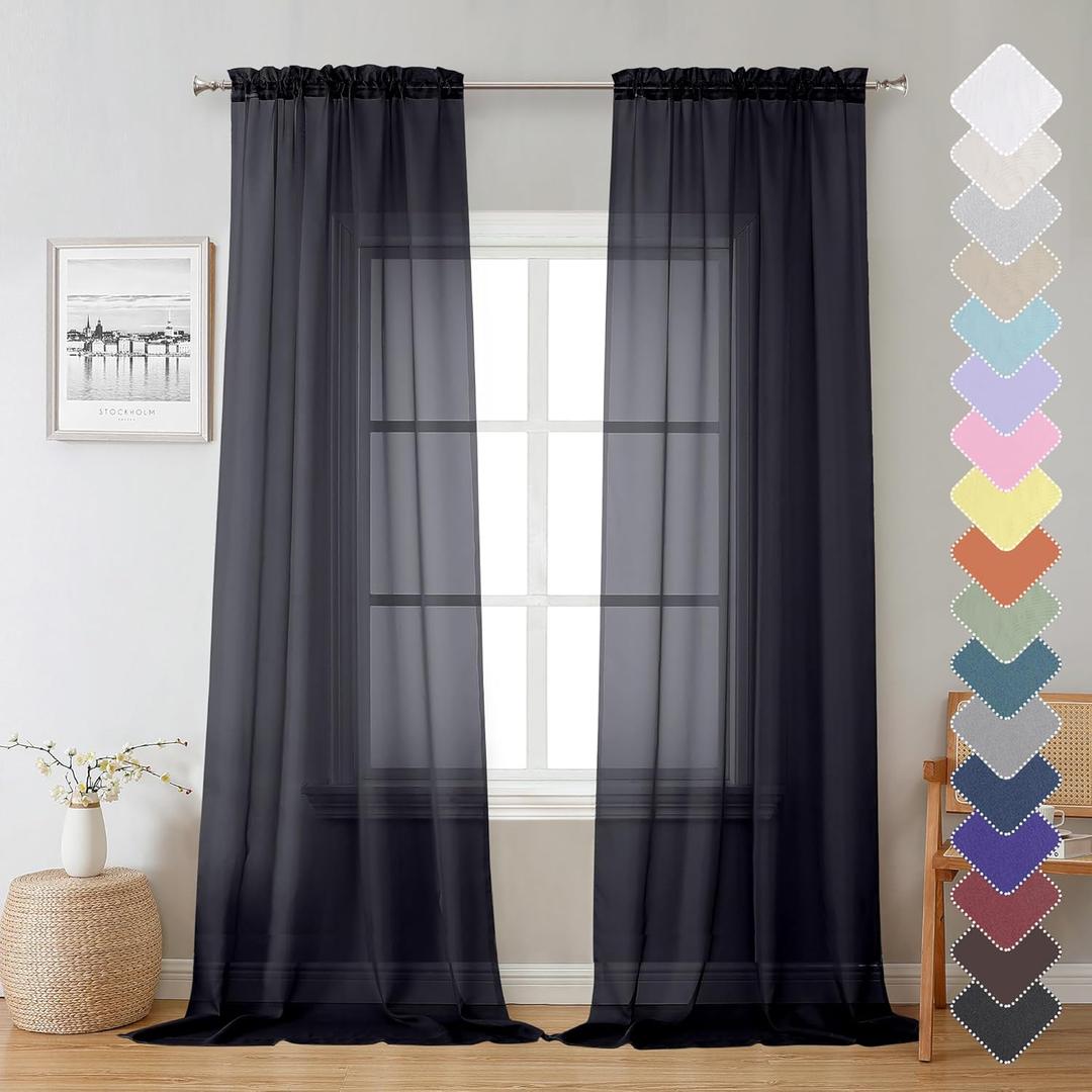 Lecloud Sheer Curtain Panels Set 96" Inches Long, Solid Voile Light Filtering Airy Curtains Window Treatment Drapes for Living Room, 2 Panels Elegant Bedroom Sheer Curtains, Black, 40" Wx96 L