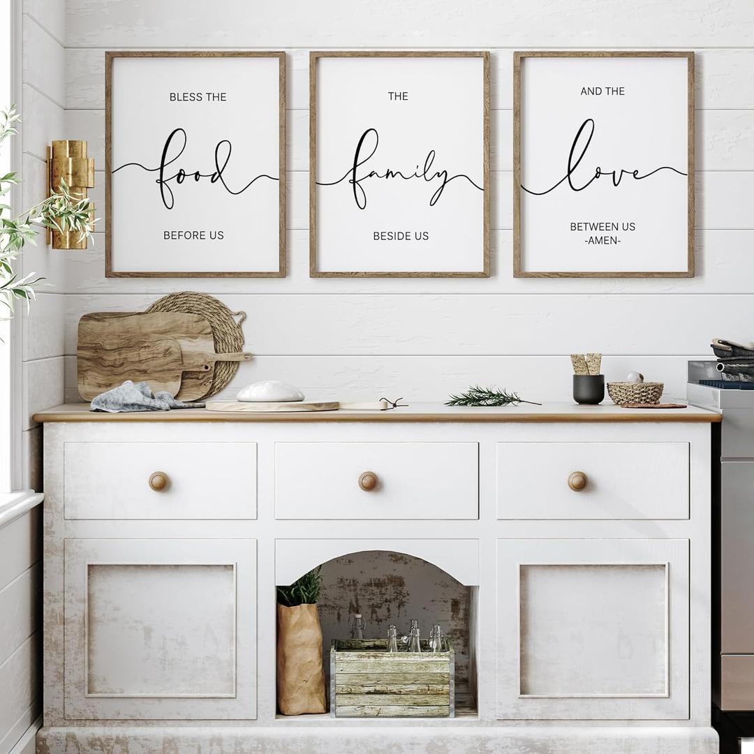 Heiple Set of 3 Framed Farmhouse Bless The Food Before Us Sign Kitchen Wall Decor for Dining Room Decor Wall Art Wood Signs (Brown,11"x14")