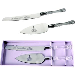 Lassos Boutique Mis Quince Aos Quinceanera Cake Serving and Knife Set, Sweet 15 Birthday Cake Cutting Set. Feliz 15 Anos Decoration, Acrylic Handle, Stainless Steel, Silver (Silver)