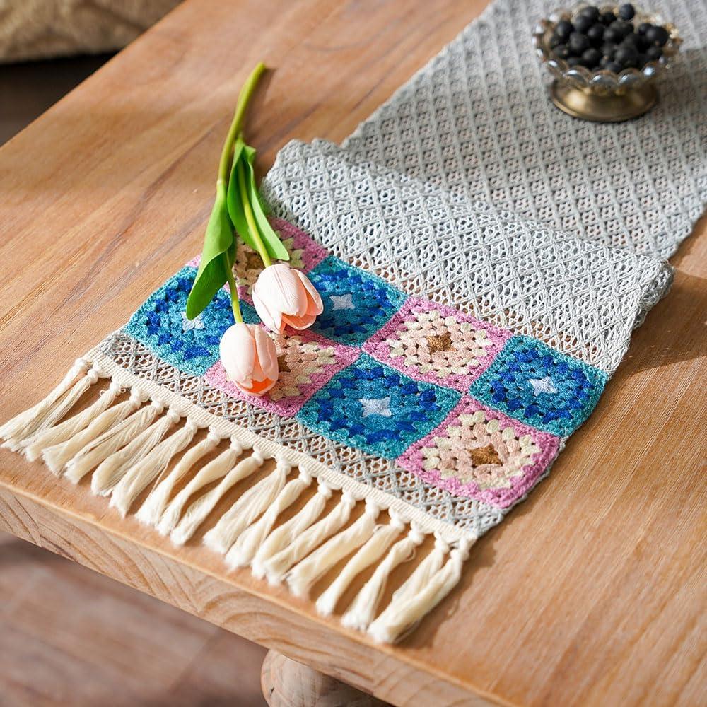 SUTAVIA Natural Cotton Lace Table Runner Black Floral Embroidery Beige Macrame Tassel Boho Table Runners Farmhouse Decor for Home Dining Table Holiday Party (Grey Blue, 12"x96")
