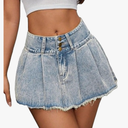 WDIRARA Women's Low Waist Button Pleated Hem A Line Raw Hem Mini Denim Skirt, L Size