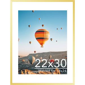 JCJMY 22x30 Picture Frame with 18x24 Mat, Display Photo 18x24 with Mat or 22 x 30 Without Mat, Wall Hanging Large 22 by 30 Poster Frame with Plexiglass, Gold