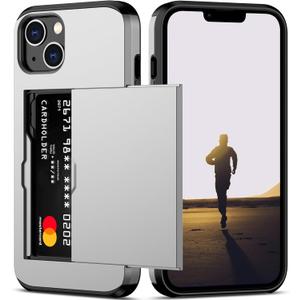 Nvollnoe for iPhone 13 Case with Card Holder Heavy Duty Protective Dual Layer Shockproof Hidden Card Slot Slim Wallet Case for iPhone 13 for Women&Men(Silver)
